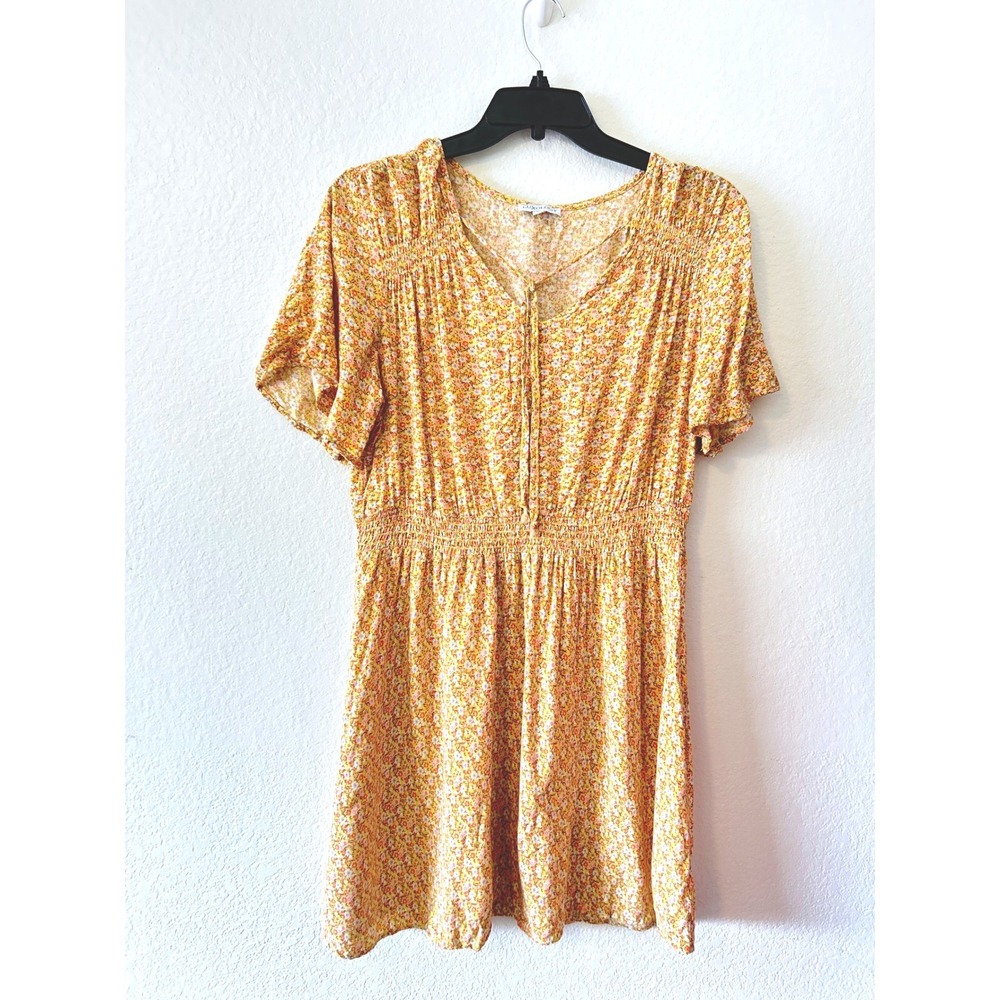 Boho Festival Yellow Floral Smocked Waist Mini Dress XL Short Sleeve V-Neck